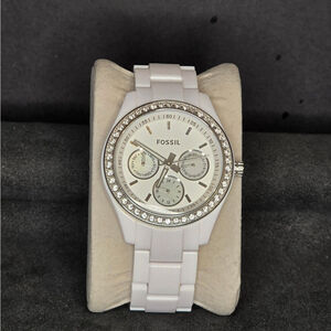 Fossil Stella ES-1967 Womens Watch 38mm White Multifunction New Battery 6.5"